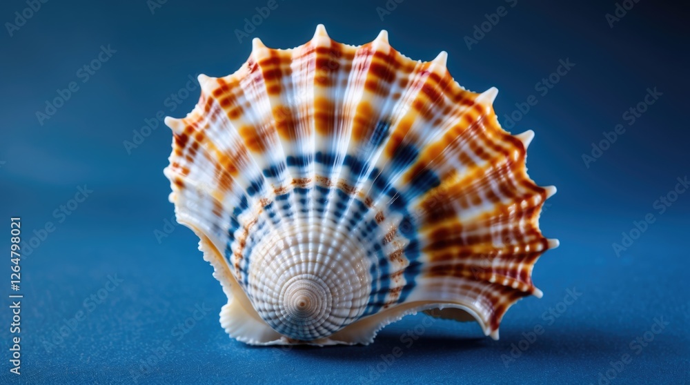 Poster colorful seashell on blue background with smooth texture and rays pattern showcasing natural beauty 