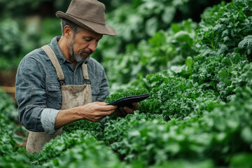 Fototapeta premium Gardener inspecting kale crop in lush field during bright daylight in rural location