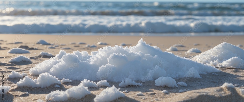 Poster snow-like foam on sandy beach with ocean waves in background during daylight. copy space available.