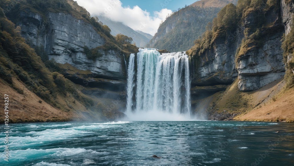 Poster majestic waterfall cascading into turquoise pool surrounded by rugged cliffs and lush greenery with 