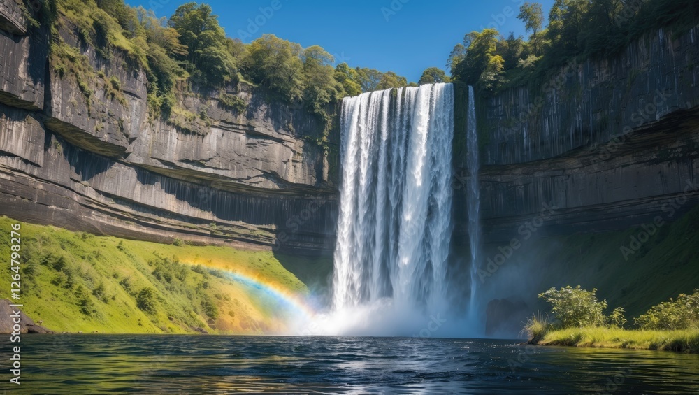 Poster waterfall cascading into a serene river surrounded by lush greenery and cliffs with a rainbow in the