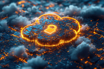 Bright digital cloud with a security lock symbolizing data protection in a futuristic city at night
