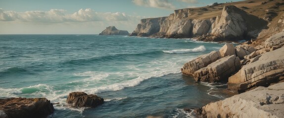 Rocky coastline with waves crashing against the shore under a partly cloudy sky, expansive ocean view with hills in the background, Copy Space