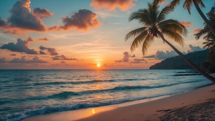 Tropical beach at sunset with palm trees, colorful clouds reflecting on water, serene ocean waves and sandy shore, Copy Space