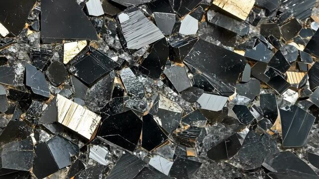 Textured mineral surface showcasing black obsidian and golden pyrite crystals reflecting light in an abstract arrangement