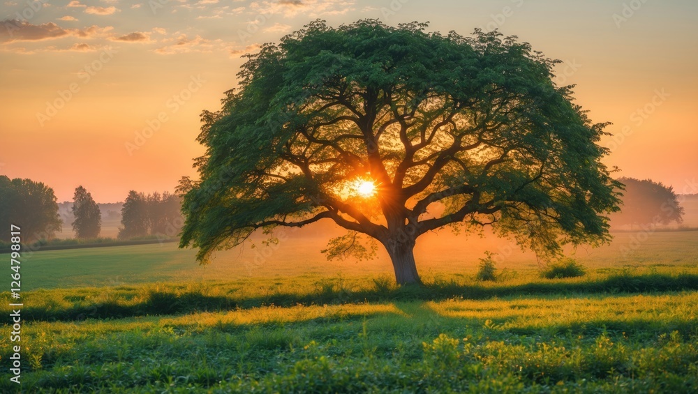 Poster lone tree in a lush green field during sunset with sun rays shining through branches and clear sky i
