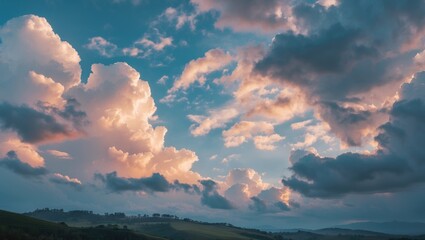 Colorful clouds in blue sky over rolling hills during sunset with soft light and natural landscape Copy Space