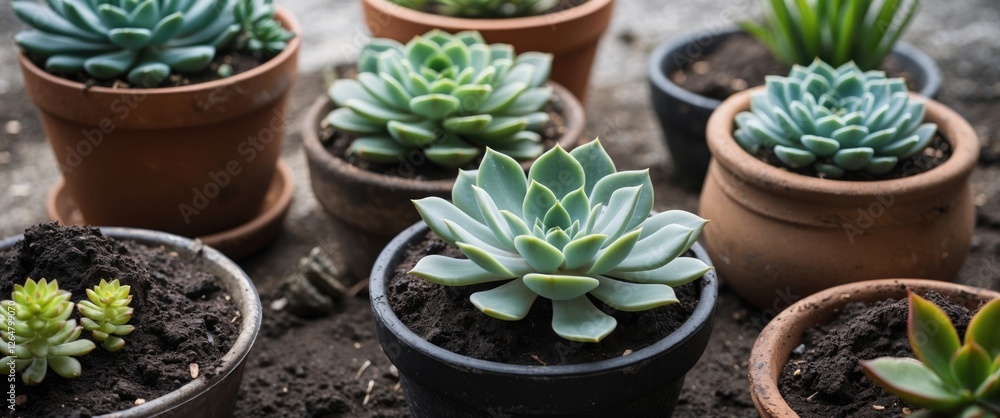 Poster various succulent plants in different pots on a garden surface with soil visible around them copy sp