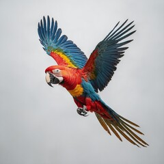 Fototapeta premium A macaw parrot in mid-flight, colorful feathers radiating, pure white background.