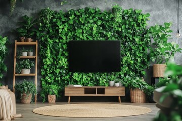 Modern living room with green plants and a television set in a cozy, inviting atmosphere