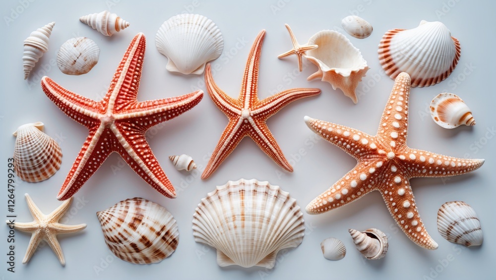 Poster starfish and seashell collection arranged on white background with ample copy space for text.