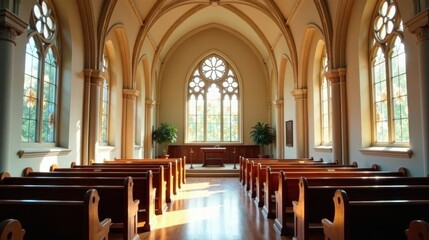 Serene Chapel Interior with Sunlight Streaming Through Gothic Windows and Rows of Wooden Pews