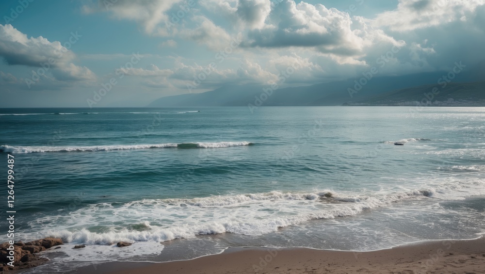 Poster serene coastal landscape with gentle waves and cloudy sky natural ocean view with soft light and mou