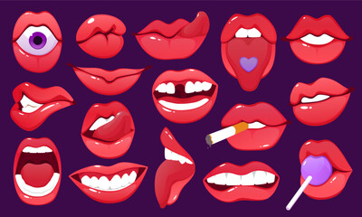 Mouth expressions. Smiling female. Open lips. Sticking out tongue. Sad face or laugh. Facial teeth visible. Surprised gesture. Lolli or cigarette. Candy eye. Red cosmetic lipstick. Vector cartoon set