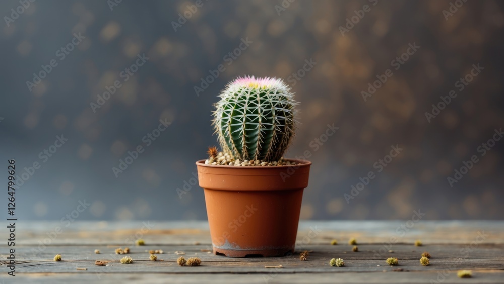 Poster cactus in terracotta pot on wooden surface with scattered seeds and blurred background showing bokeh
