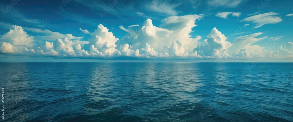 Poster panoramic view of calm ocean water reflecting clouds under a clear blue sky with ample copy space fo