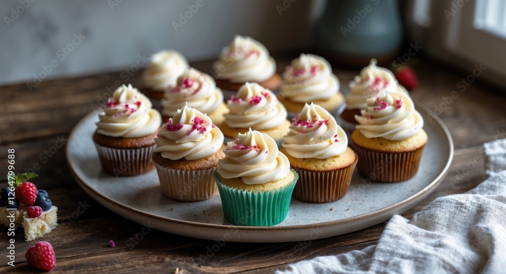 Poster decorative array of colorful cupcakes topped with swirl frosting and sprinkles on a round plate with