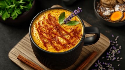 Vegan recipes superfoods dishes concept. A beautifully presented cup of spiced drink topped with herbs and decorative elements on a wooden surface.