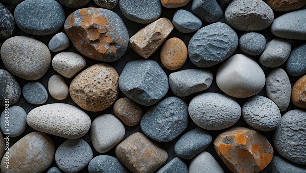 Poster variety of smooth pebbles and stones in different colors and textures arranged on a flat surface ide