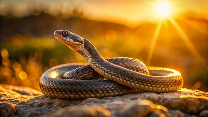 Fototapeta premium Beautiful Snake Coiled on Rock with Glowing Sunset Background