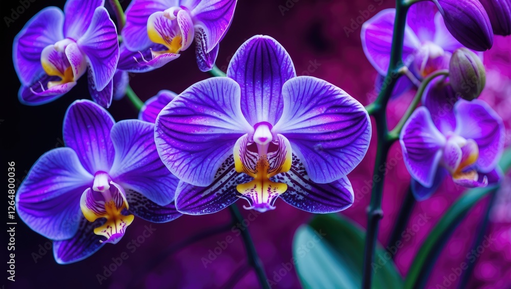 Poster vibrant purple orchids with intricate patterns in close-up against a dark background suitable for na