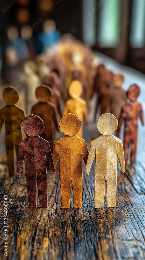 Poster an artistic image showcasing a series of paper figures crafted from varied colors and textures, repr