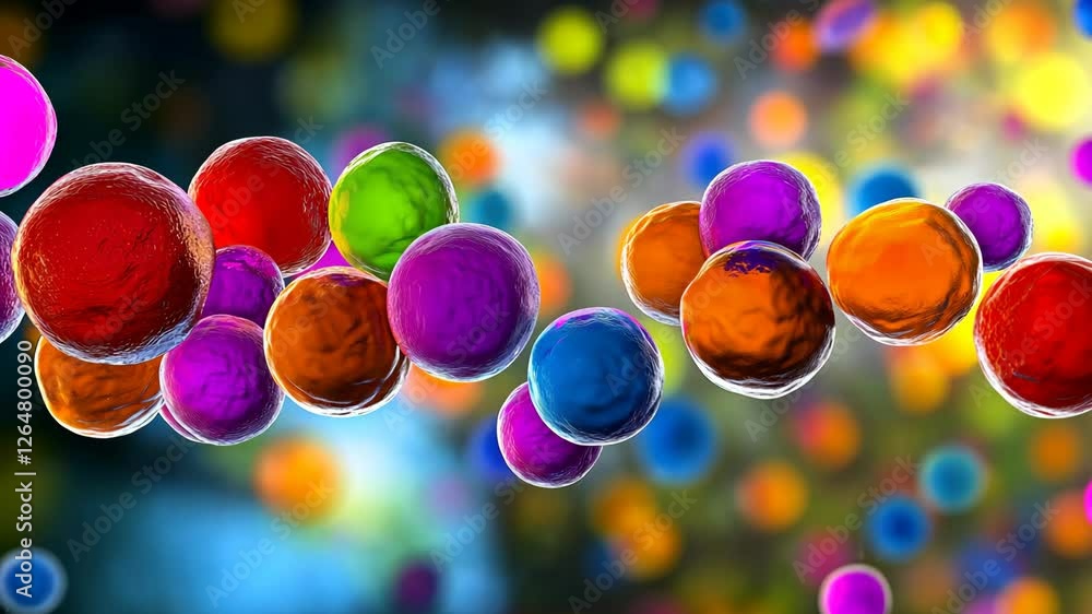 Poster bunch of colorful spheres are floating in the air. the spheres are of different colors and sizes, an