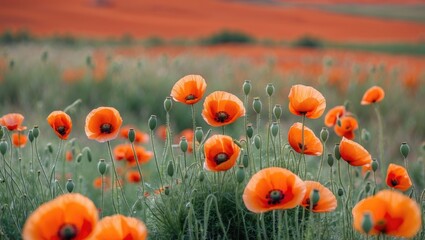 Obraz premium Vibrant field of orange poppies in bloom with blurred background of rolling hills and green grass Copy Space