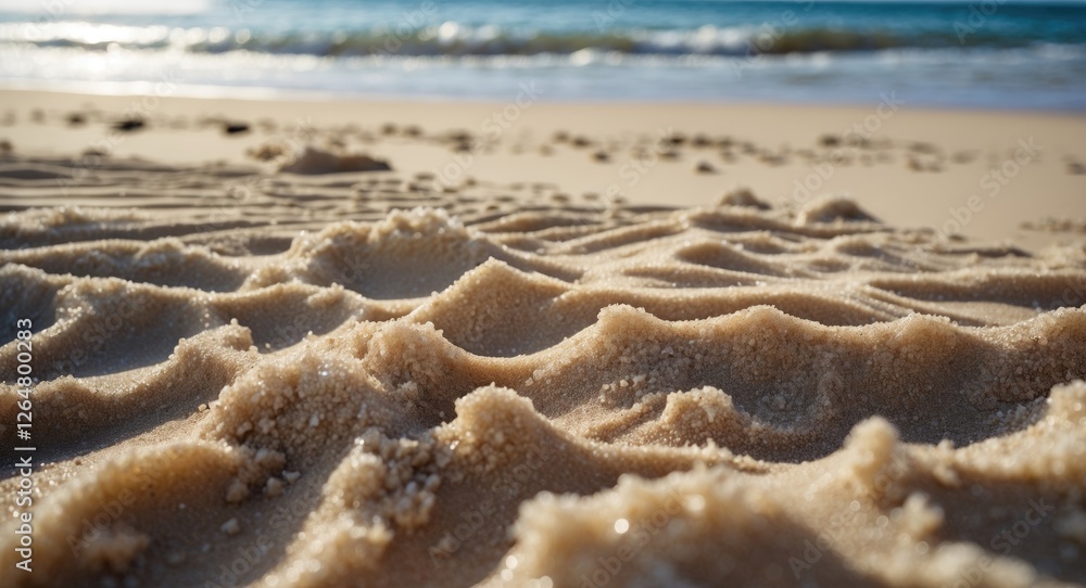 Aufkleber close-up of sandy beach texture with gentle waves in background and soft lighting during day time co