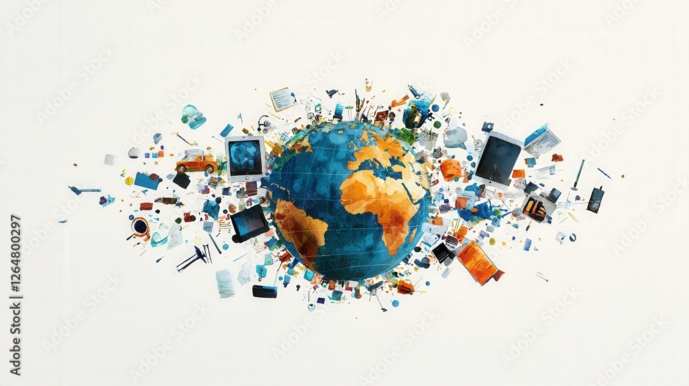 Poster a painting of a globe with many objects on it, including a cell phone, a computer, and a television