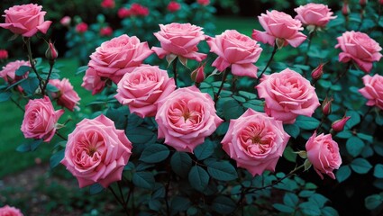 Fototapeta premium Pink roses in full bloom surrounded by lush green foliage in a vibrant garden setting with ample Copy Space for text placement