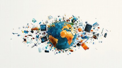Fototapeta premium A painting of a globe with many objects on it, including a cell phone, a computer, and a television