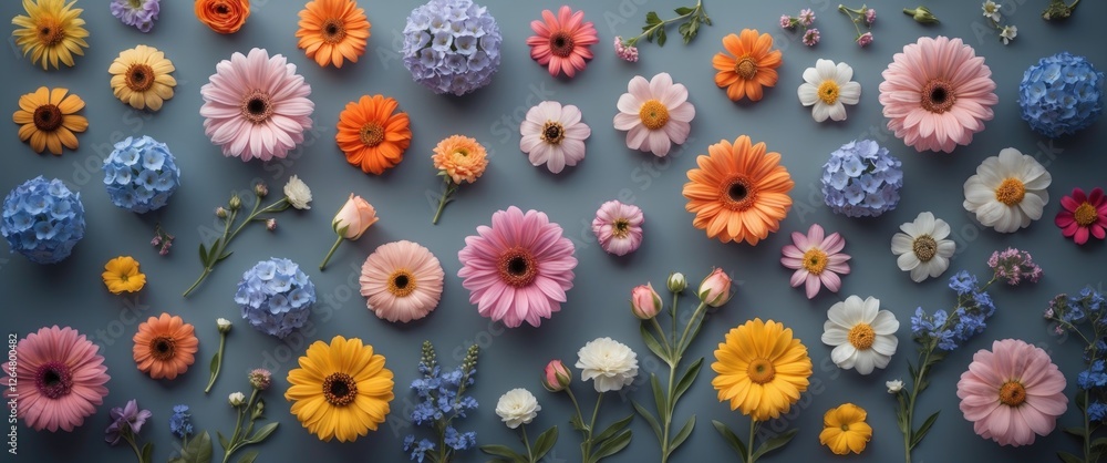 Poster colorful arrangement of various flowers on a blue background with greenery elements and ample copy s