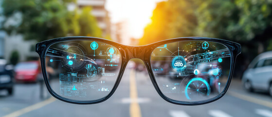 A pair of glasses with a digital overlay, showcasing a futuristic city view, blending technology with everyday life at sunset.