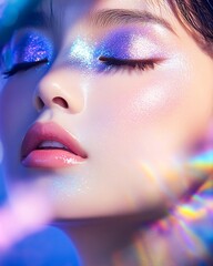 Fototapeta premium Dreamy Close-Up Showing Shimmering Eyeshadow on Model with Glossy Lips