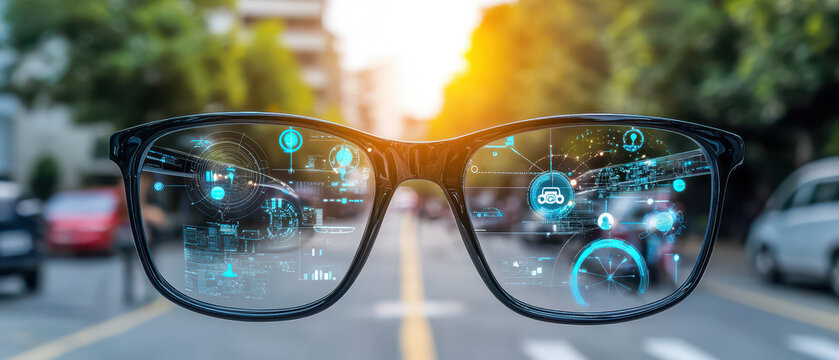 A pair of glasses with a digital overlay, showcasing a futuristic city view, blending technology with everyday life at sunset.