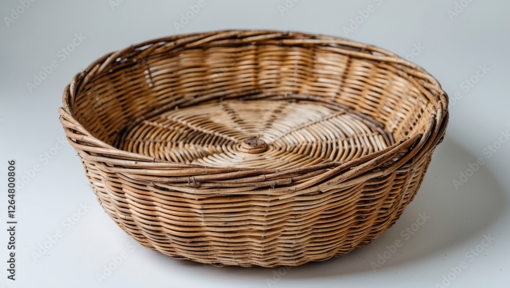 Poster woven round wicker basket with natural texture and pattern on white background suitable for various 