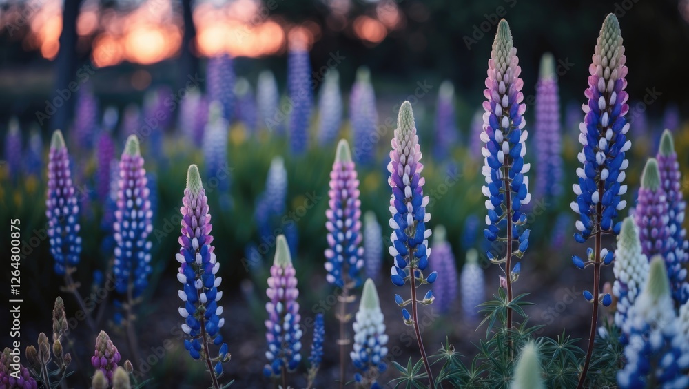 Poster lupine flowers in a vibrant field during sunset with a blur effect in the background and copy space 