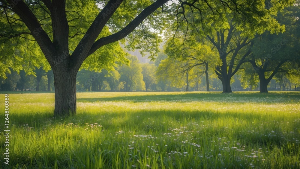 Poster lush green landscape with large trees and soft grass under gentle morning light natural setting with