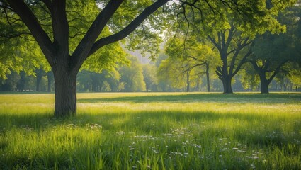 Naklejka premium Lush green landscape with large trees and soft grass under gentle morning light natural setting with copy space for text