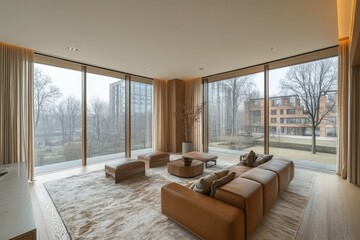 Modern living room with large windows showcasing urban scenery on a foggy day