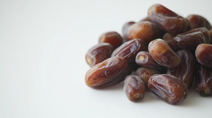 Obraz premium Fresh Medjool Dates Piled on White Surface for Healthy Eating