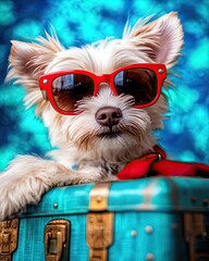Travel dog Stylish dog with sunglasses by a suitcase. vacation tourism