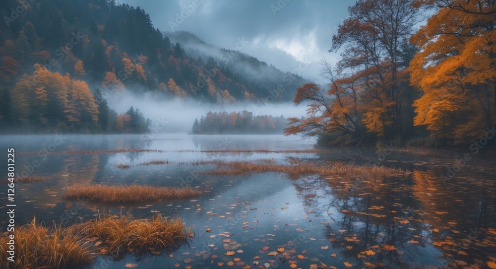 Poster autumn landscape with colorful trees and mist over calm lake reflecting mountains and clouds in tran
