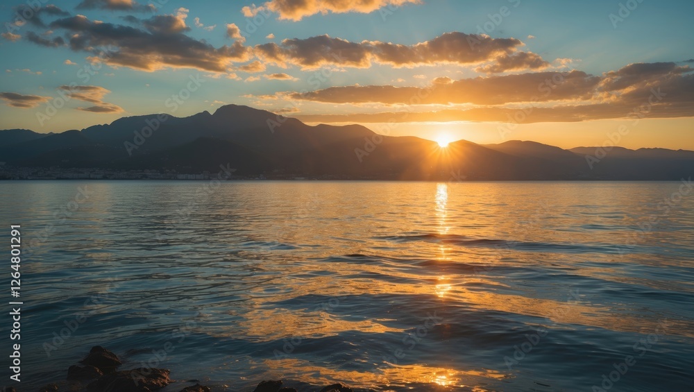 Poster mountain sunset reflected in water with clouds in the sky creating an atmospheric view during golden