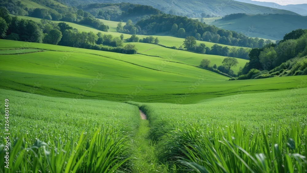 Poster lush green landscape with rolling hills and a dirt path through the fields under a clear sky copy sp