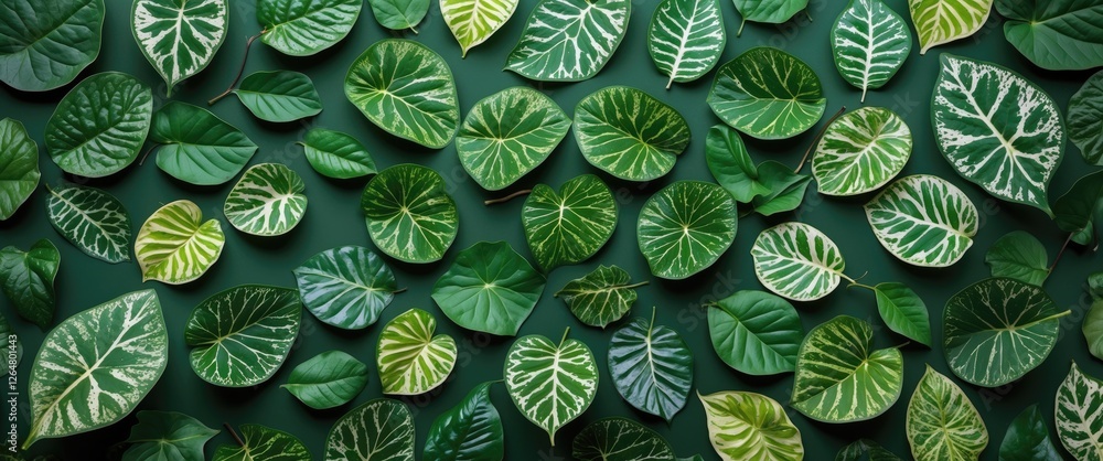 Poster diverse assortment of green leaves with varied shapes and patterns on a dark background suitable for