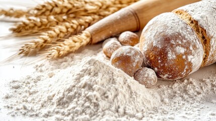 Close-Up of Wheat Flour and Bread with Rolling Pin and Wheat Stalks
