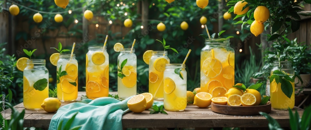 Poster refreshing homemade lemonade with fresh lemons and mint in jars on a wooden table surrounded by gree