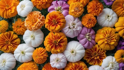 Colorful assortment of marigold flowers in yellow, orange, white, and purple with green foliage background Copy Space